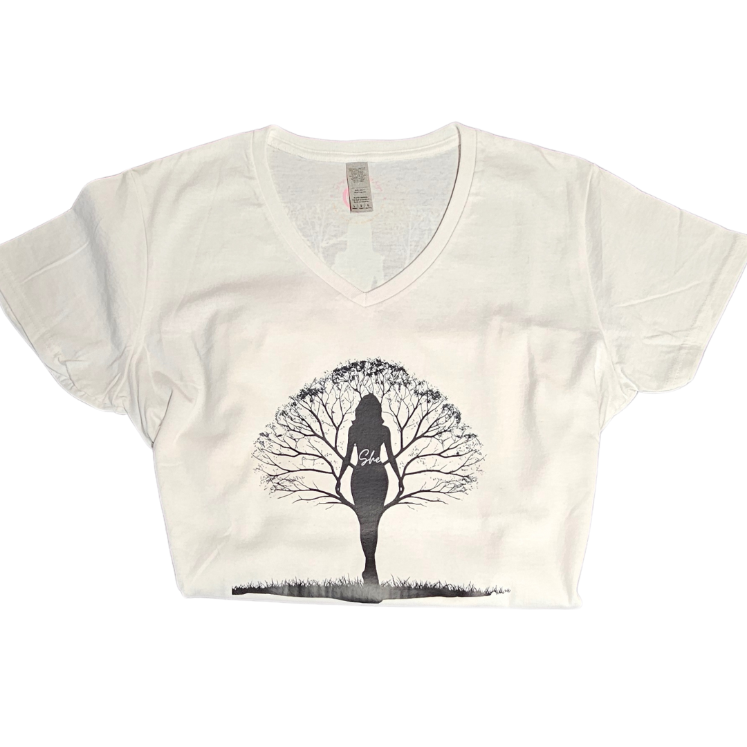 Shes Rooted in Family Graphic Tee by Try My Closet: White V-neck T-shirt with a black silhouette of a woman in yoga pose, her arms forming tree branches—symbolizing being rooted in family. Custom orders available.