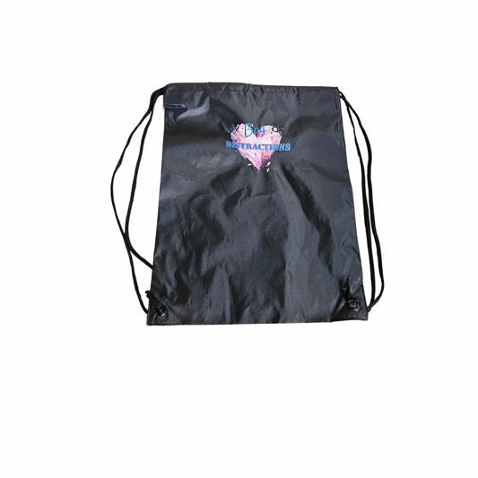 The Try My Closet My Bag of Distractions Black Lightweight Drawstring Backpack features a colorful heart and DISTRACTIONS in blue and pink—a stylish accessory for beauty essentials, showcased against a white background.