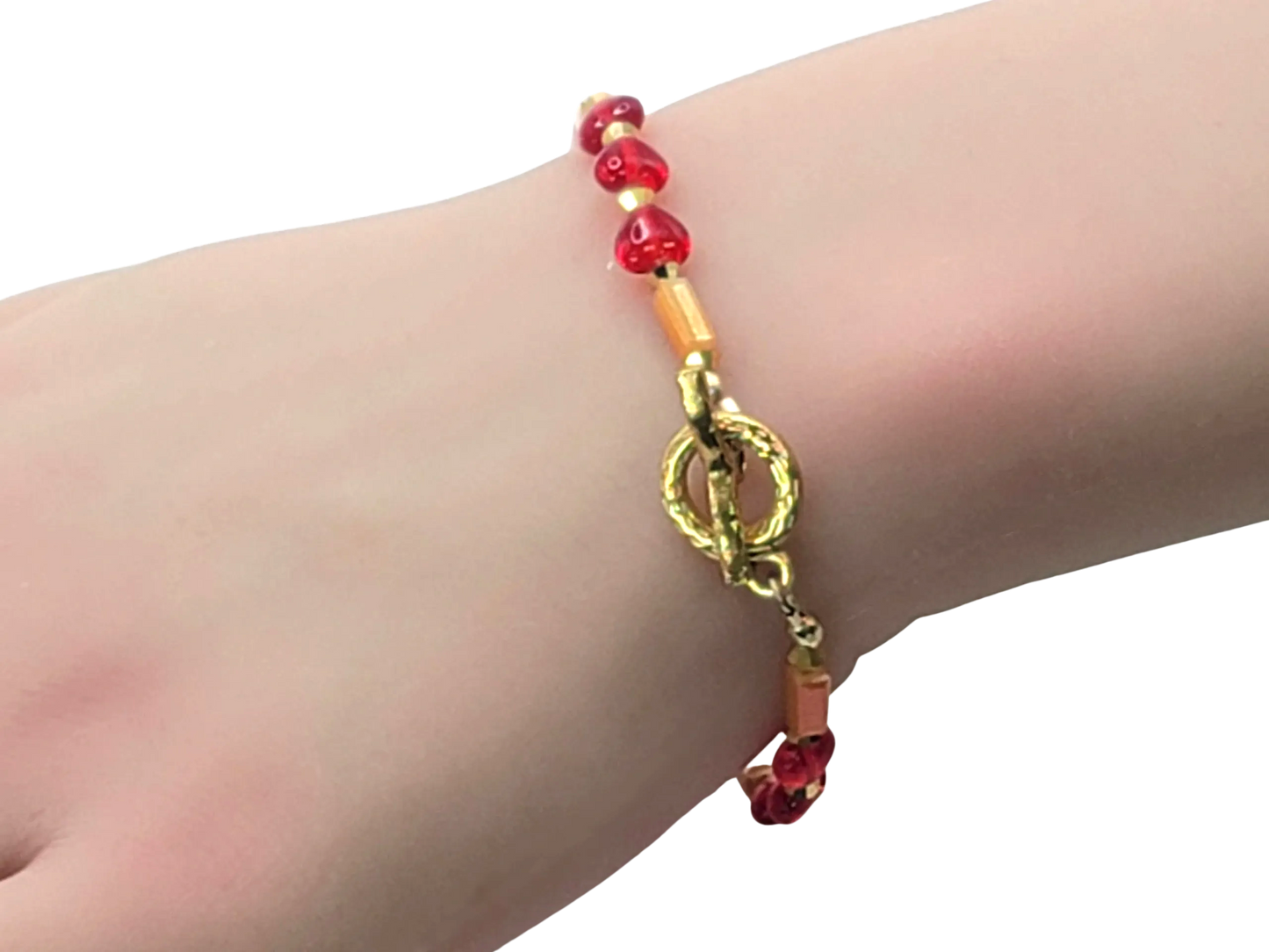 18K Gold Stainless Opaque Dark Golden Sunset Faceted Tube Crystal Toggle Bracelet with Hearts