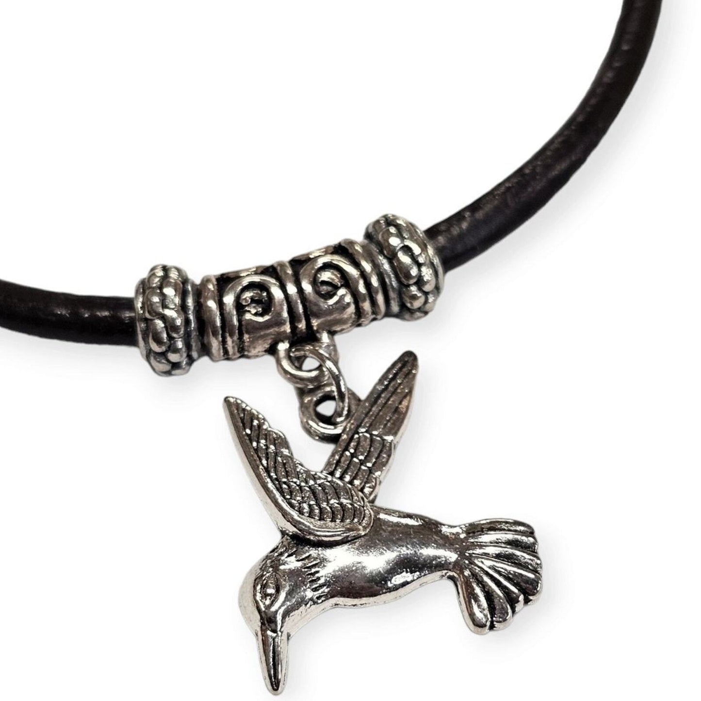 Handmade Brown Leather w Silvertone Pewter Accent Clasp Hummingbird Charm (8)
