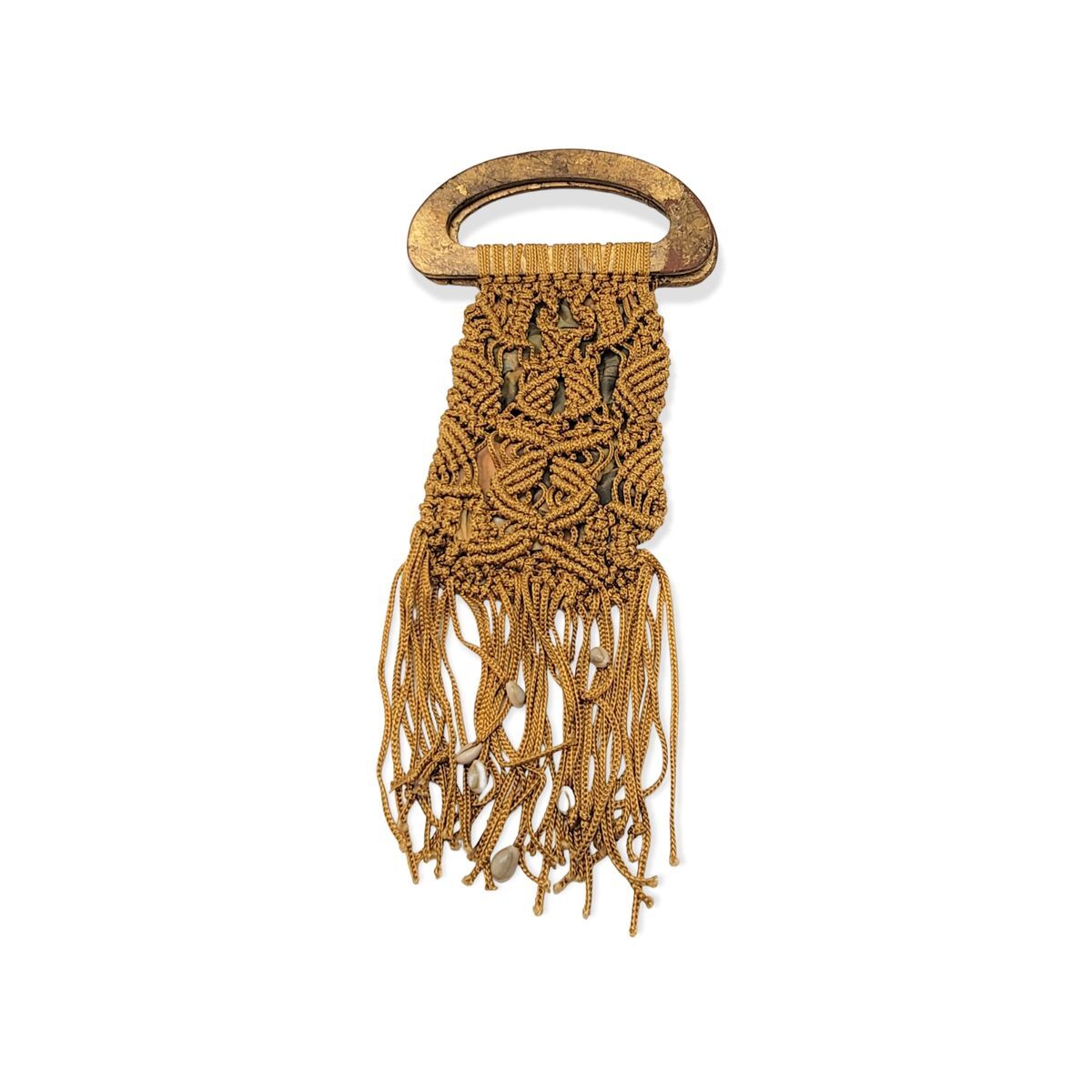 Vintage Macrame Bag With Tassels and Decorated Wooden Handles (OS)