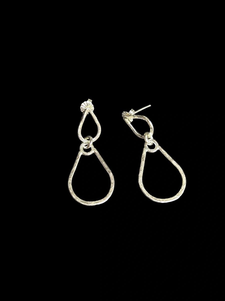 Handcrafted Sterling Silver 1.7” Double Tear Drop Hammered Earrings (Medium)