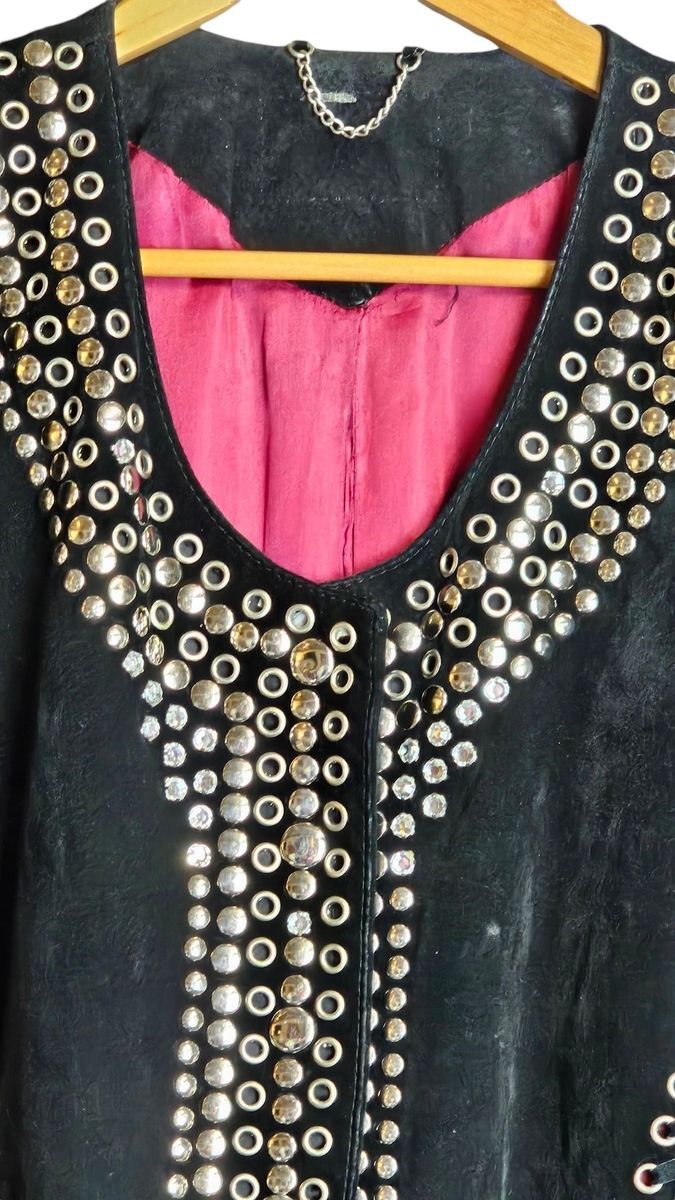 Rare Vintage Black Suede Riveted And Crystal Embellished Jacket Size Medium