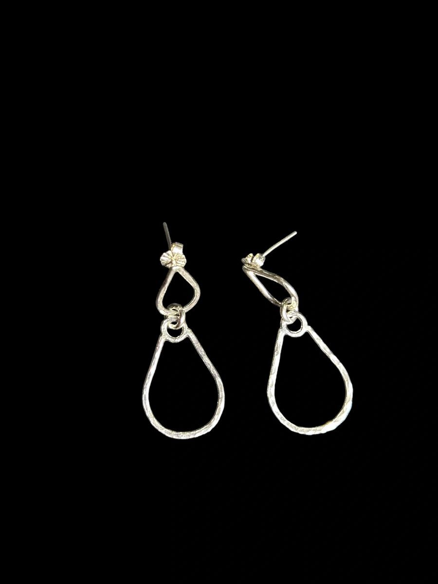 Handcrafted Sterling Silver 1.7” Double Tear Drop Hammered Earrings (Medium)