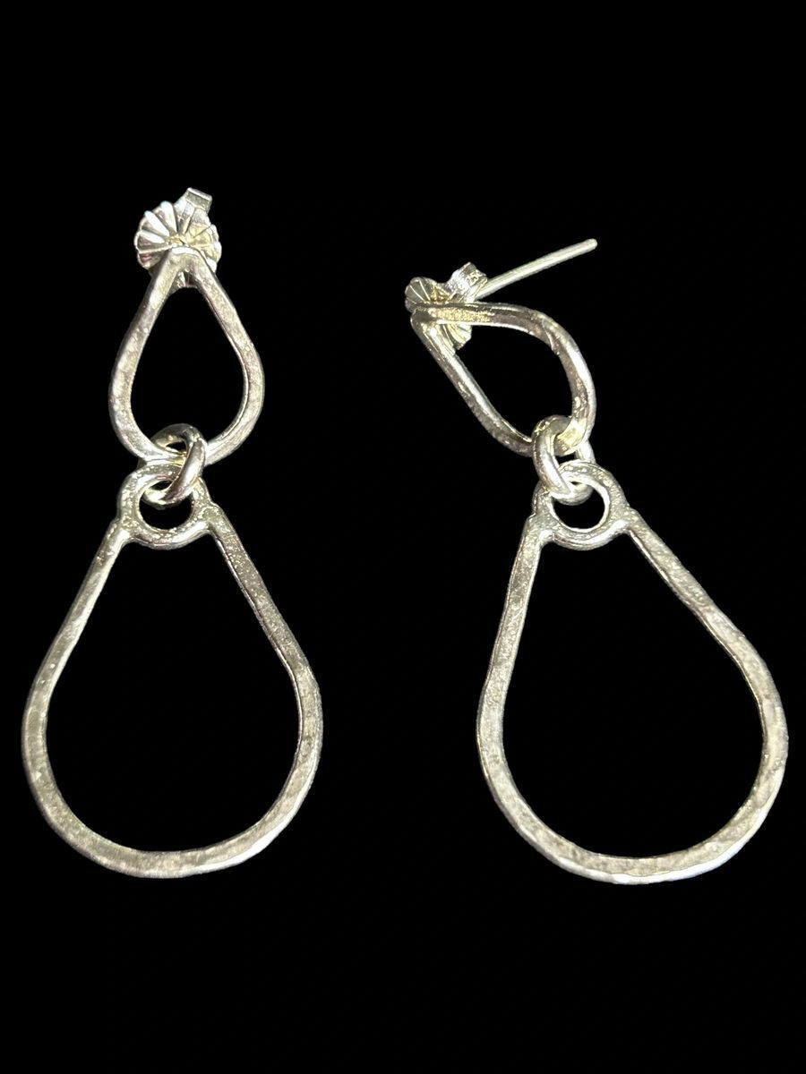 Handcrafted Sterling Silver 1.7” Double Tear Drop Hammered Earrings (Medium)