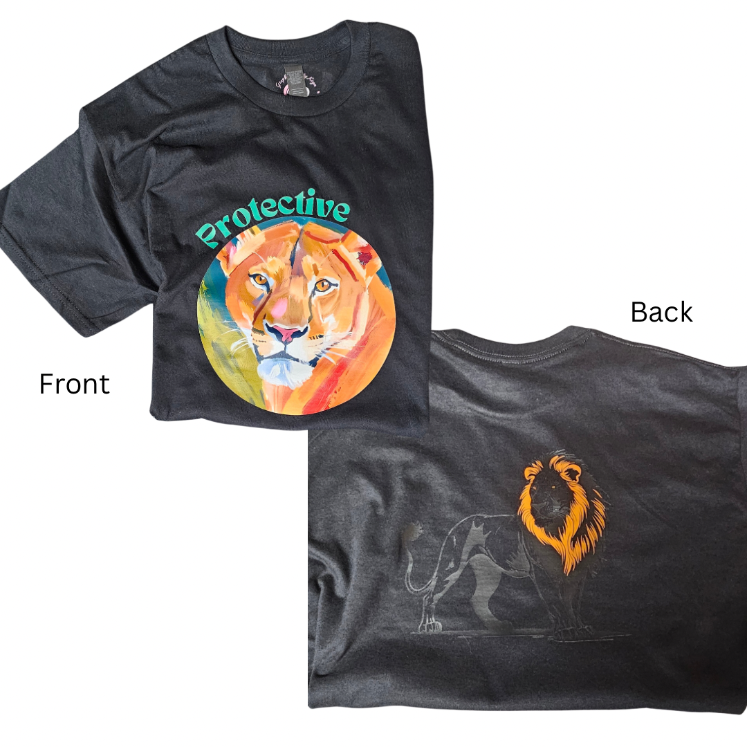 Two black Protective Graphic Tees by Try My Closet: front features a vibrant lioness with Protective, back shows a stylized lion with an orange mane. Labels mark front and back. Custom orders available.