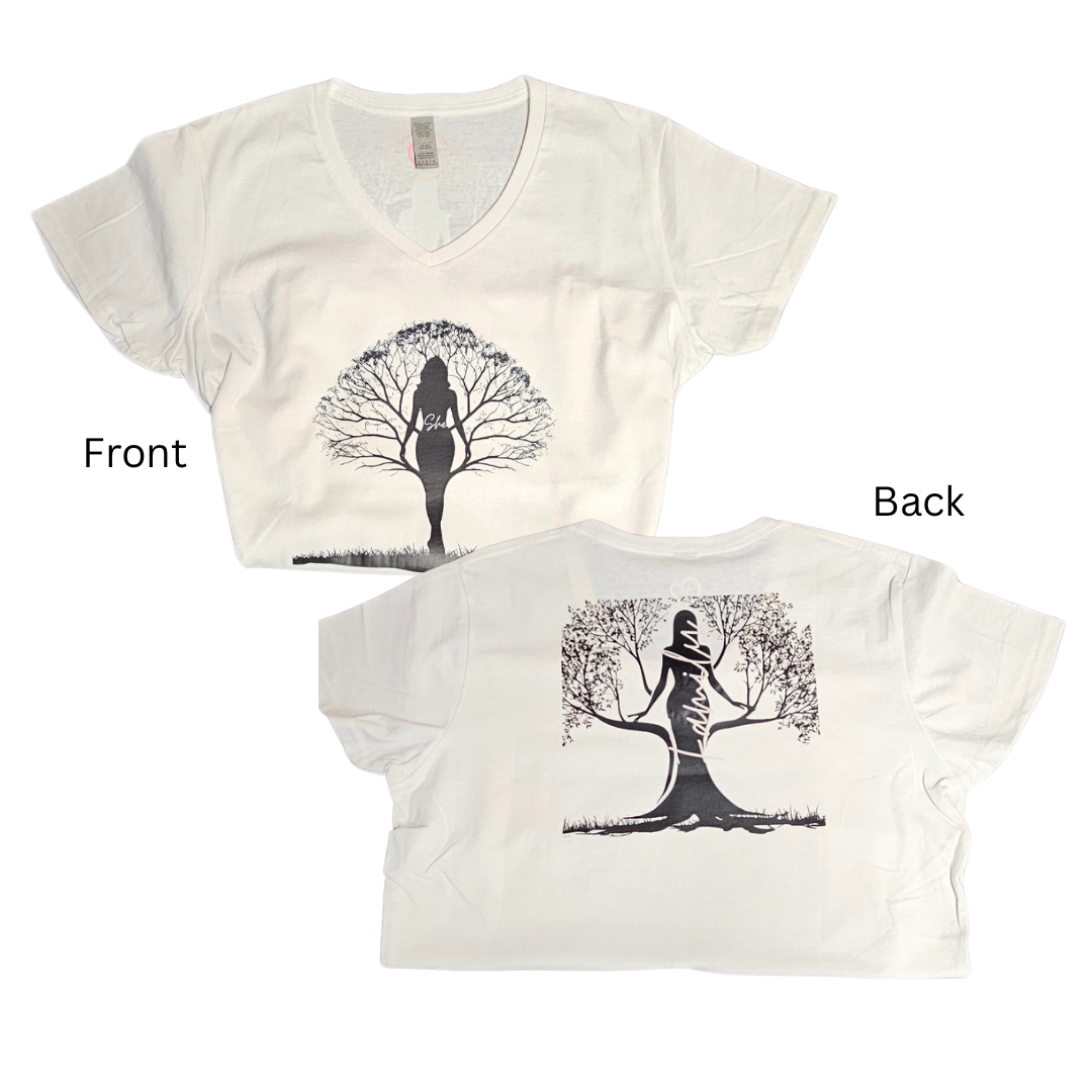 The Try My Closet Shes Rooted in Family Graphic Tee is a white V-neck with a black silhouette of a woman in a yoga pose blending into a tree labeled “Rooted in Family.” The same design appears on both front and back with labels. Custom orders available.