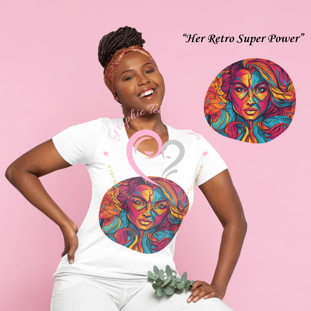 A smiling woman poses against a pink background in the Try My Closet Her Retro Superpower Limited Edition Graphic Tee, with its colorful, faceted women graphic enlarged above her. “Her Retro Superpower” is featured. Custom orders available.