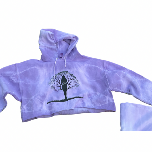 The She’s Rooted in Family Cropped Hoodie Oversized Tote Tie-Dye Set by Try My Closet features a purple cropped hoodie, size large, with a black silhouette and She’s Rooted in Family on the front, shown laid flat on a white background.