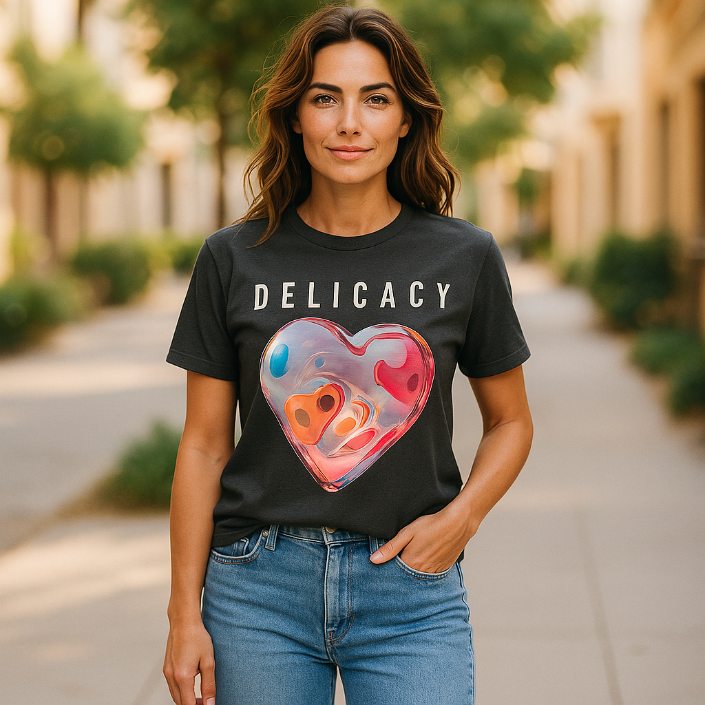 A woman with wavy brown hair stands outdoors on a sunny day, wearing the Try My Closet Delicacy Heart Color Purple Changing Graphic Tee, which displays DELICACY above a vibrant heart design. She smiles slightly and has one hand in her jeans pocket.