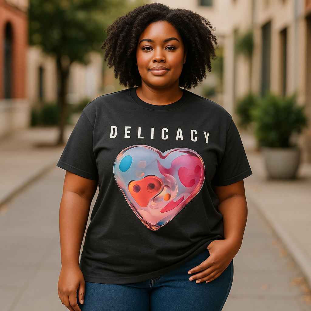 A woman with natural hair stands confidently outdoors, wearing the Try My Closet Delicacy Heart Color Purple Changing Graphic Tee featuring a vibrant abstract heart and DELICACY above it, with a blurred urban street in the background.