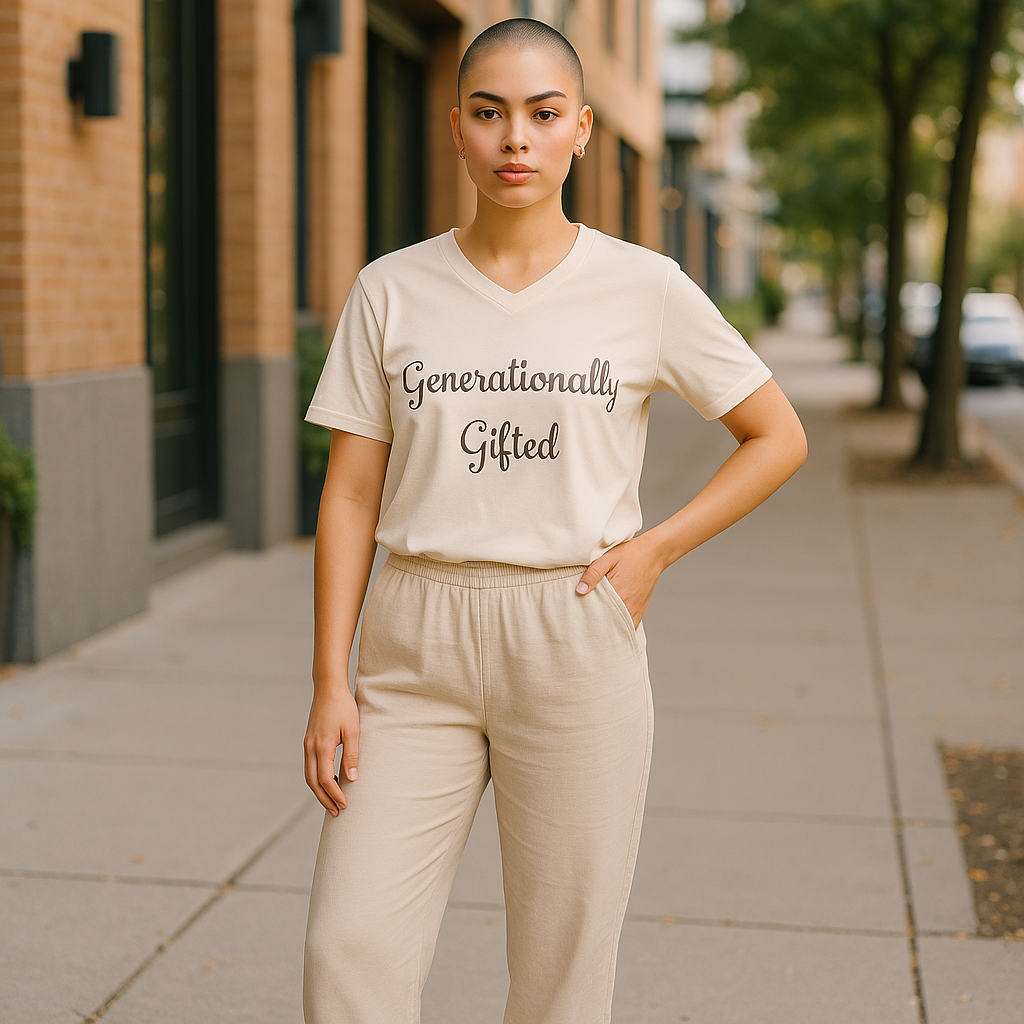 A person with a shaved head stands confidently on a city sidewalk, wearing Try My Closet’s Generationally Gifted Hand Dyed Beige Graphic Tee. Trees and buildings line the street in the background. Custom orders available.
