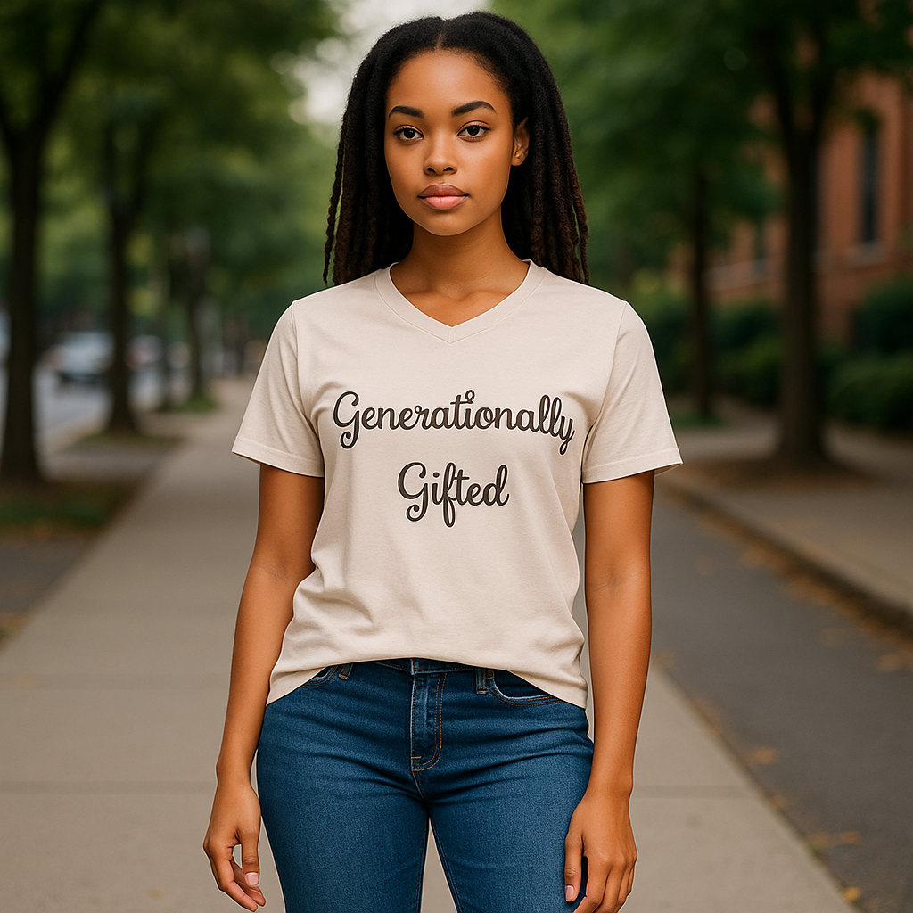 A young woman with long braids stands confidently on a sidewalk, wearing the Try My Closet Generationally Gifted Hand Dyed Beige Graphic Tee, featuring cursive lettering. Custom orders available. Trees and buildings fill the background.