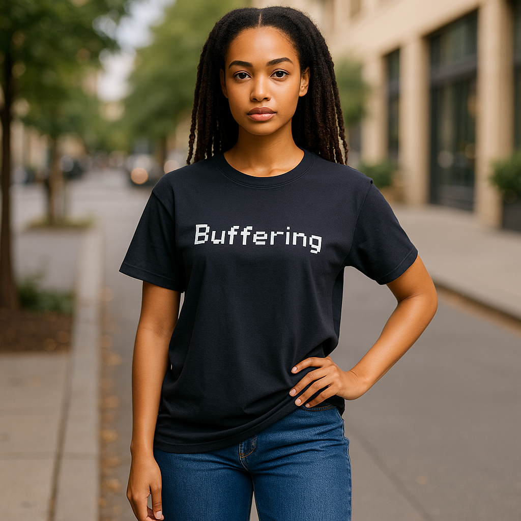 A woman stands on a city sidewalk in blue jeans and a Try My Closet Buffering Black Graphic Tee, exuding a techy vibe as she looks at the camera with her hand on her hip. Trees and buildings line the lively street.