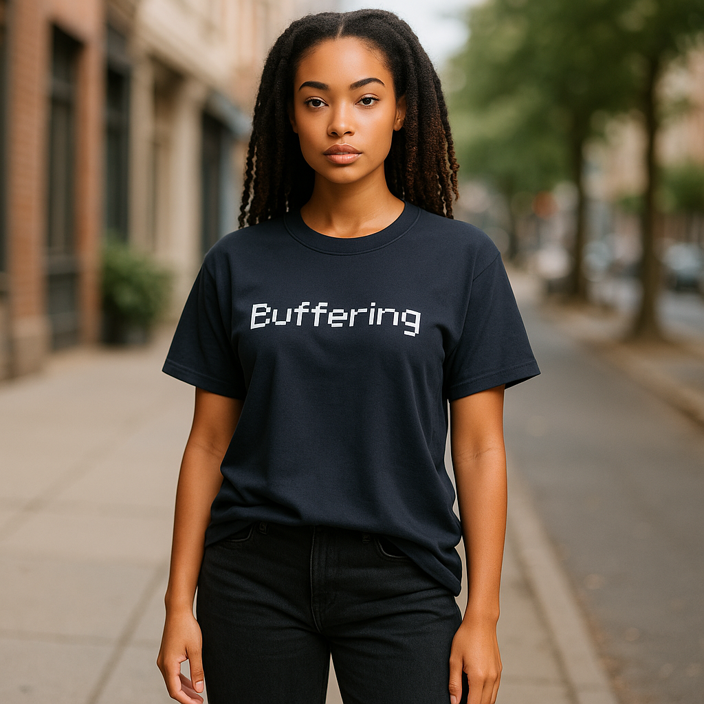 A woman with long hair stands on a city sidewalk wearing the Try My Closet Buffering Black Graphic Tee, exuding techy style. She looks at the camera as blurred buildings and trees form an urban backdrop.