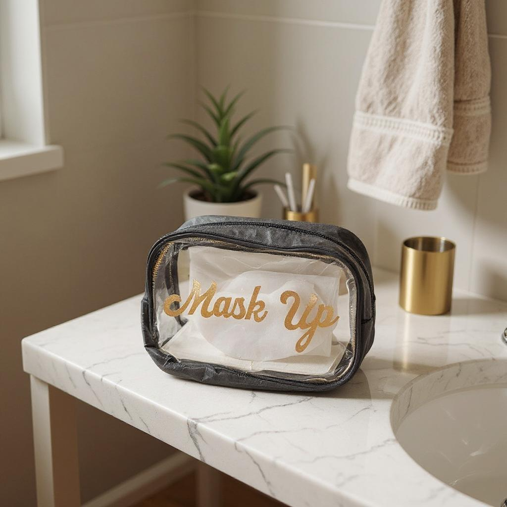 The Her Retro Superpower Mask Up Cosmetic Pouch by Try My Closet sits on a bathroom counter near a sink, a potted plant, and a gold cup with toothbrushes, with a beige towel hanging on the wall.