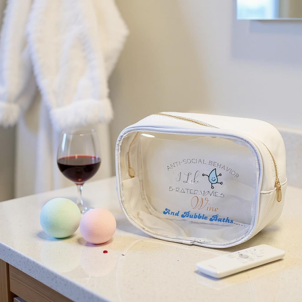The Try My Closet Anti-Social Behavior White and Clear Cosmetic Pouch, featuring fun text, sits on a bathroom counter with red wine, bath bombs, and a remote nearby. A cozy robe hangs in the background.