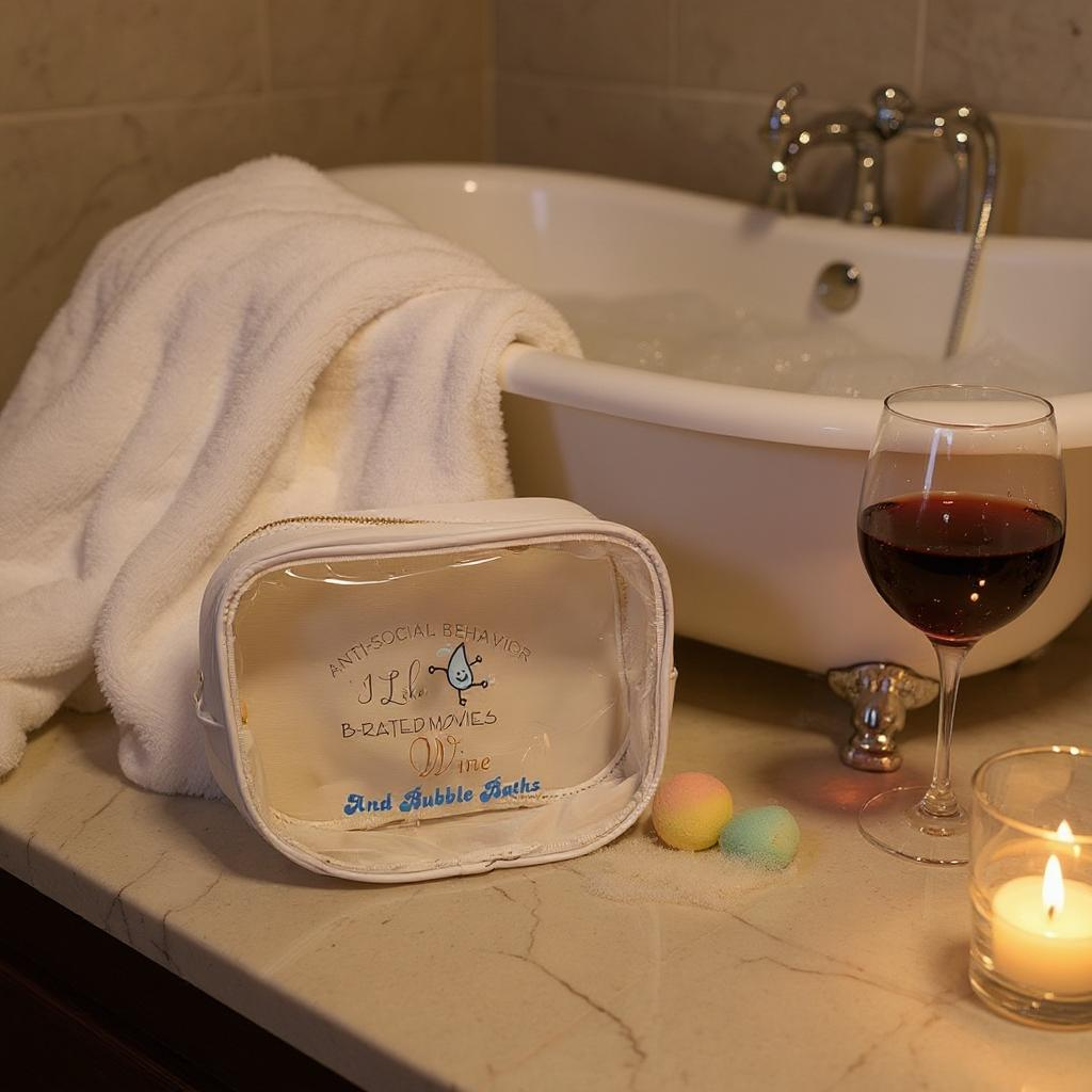 A cozy bathroom retreat: a clawfoot tub filled with bubbles, white towels, and the Try My Closet Anti-Social Behavior White and Clear Cosmetic Pouch beside a glass of red wine, bath bombs, and a glowing candle—perfect for makeup lovers.
