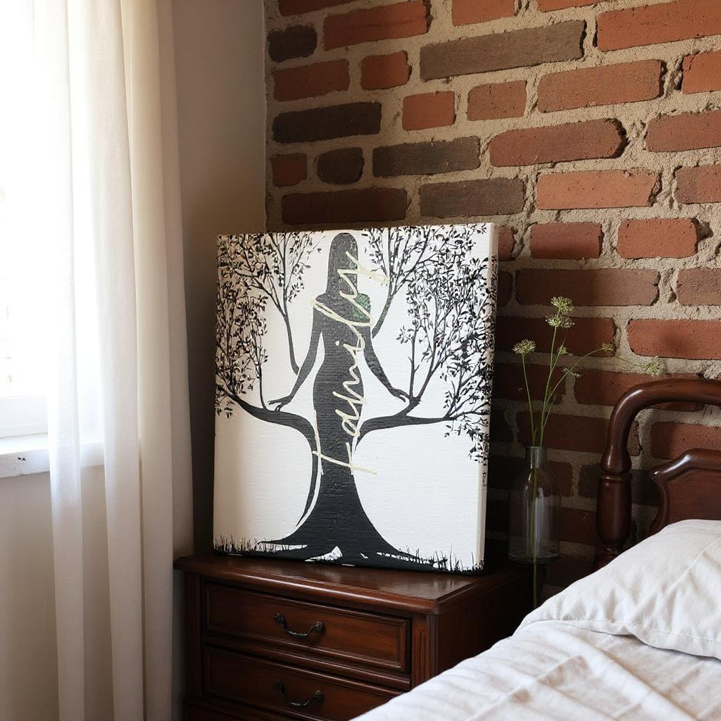 The Rooted Family Canvas 10x10 by Try My Closet features a woman as a tree trunk with family, displayed on a nightstand beside a bed and brick wall. Sunlight filters through white curtains, adding warmth to this unique décor piece.