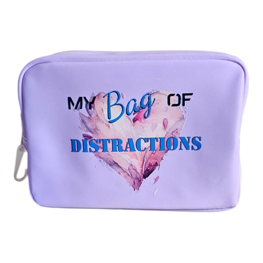 The Try My Closet My Bag of Distractions Lavender Cosmetic Toiletries Pouch features a heart design and playful lettering—perfect for stylishly organizing your beauty essentials.