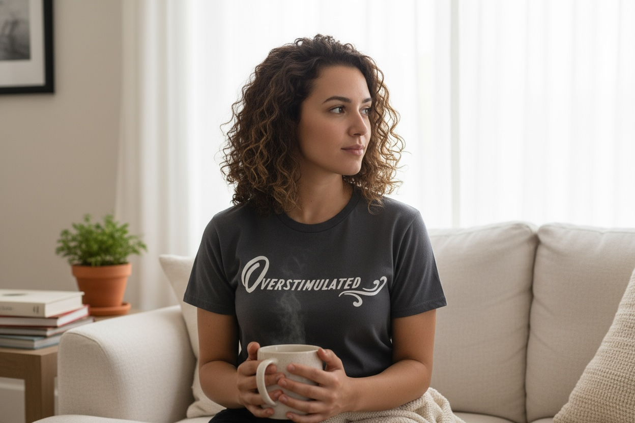 A woman with curly hair sits on a sofa, holding a steaming mug and wearing the Try My Closet Overstimulated Black Graphic Tee. Nearby, a potted plant and books rest on the table as light streams through sheer curtains.