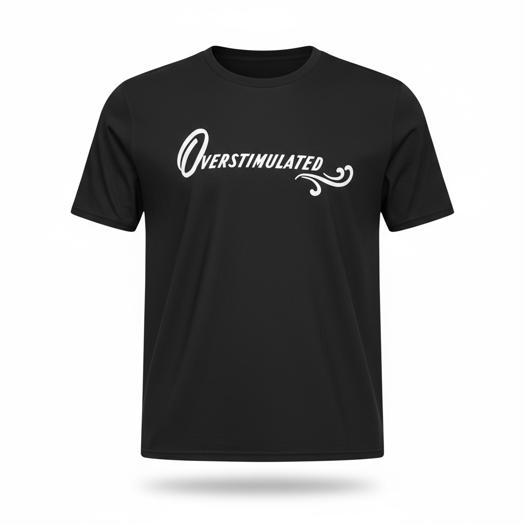 The Overstimulated Black Graphic Tee by Try My Closet showcases “Overstimulated” in white script across the chest, plus a swirl graphic on the right for a bold, custom-inspired look.