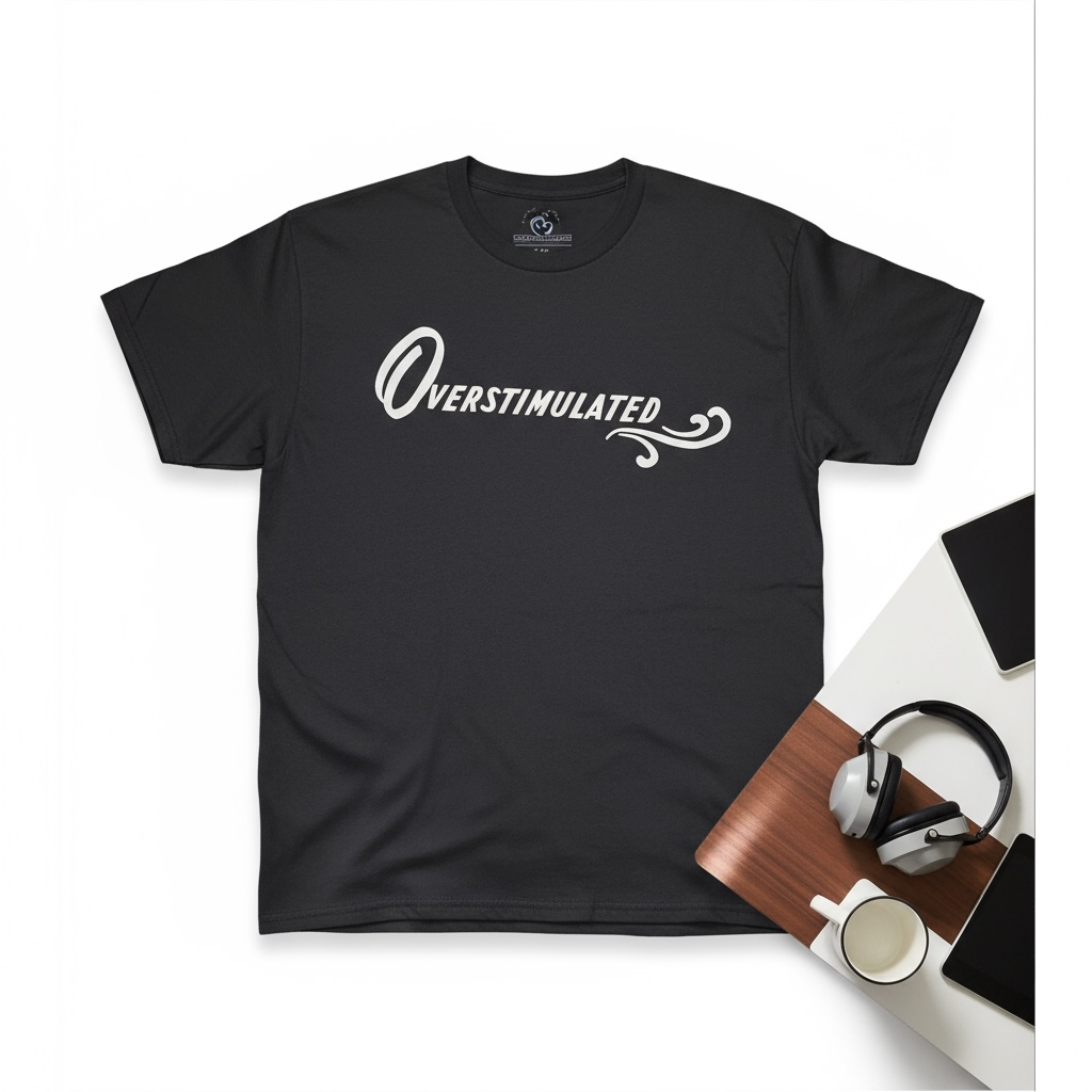 The Overstimulated Black Graphic Tee by Try My Closet features "Overstimulated" in white cursive on black. Styled flat by a desk with tech and coffee—ideal for graphic tee fans. Shop this unique tee today!.