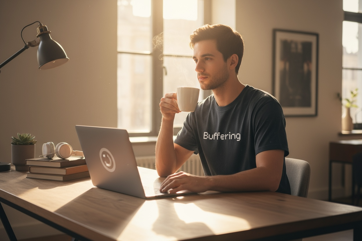 A man sits at a desk with a laptop, holding a mug and looking thoughtful. He wears the Buffering Black Graphic Tee by Try My Closet as sunlight streams in, creating a cozy and focused atmosphere.