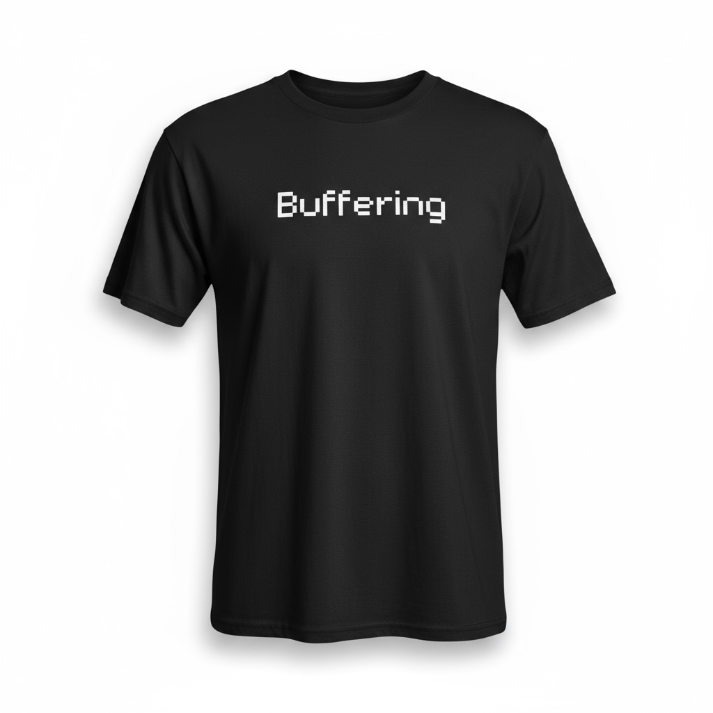 The Buffering Black Graphic Tee by Try My Closet features pixelated white "Buffering" text centered on the front, offering a tech-inspired style.