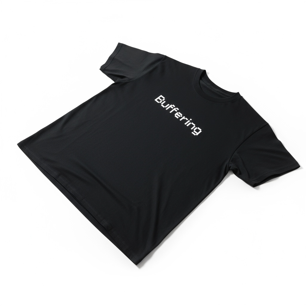 The Buffering Black Graphic Tee from Try My Closet lies flat, featuring bold white pixel-style text on the chest. This tech-inspired shirt pops against a plain white background.