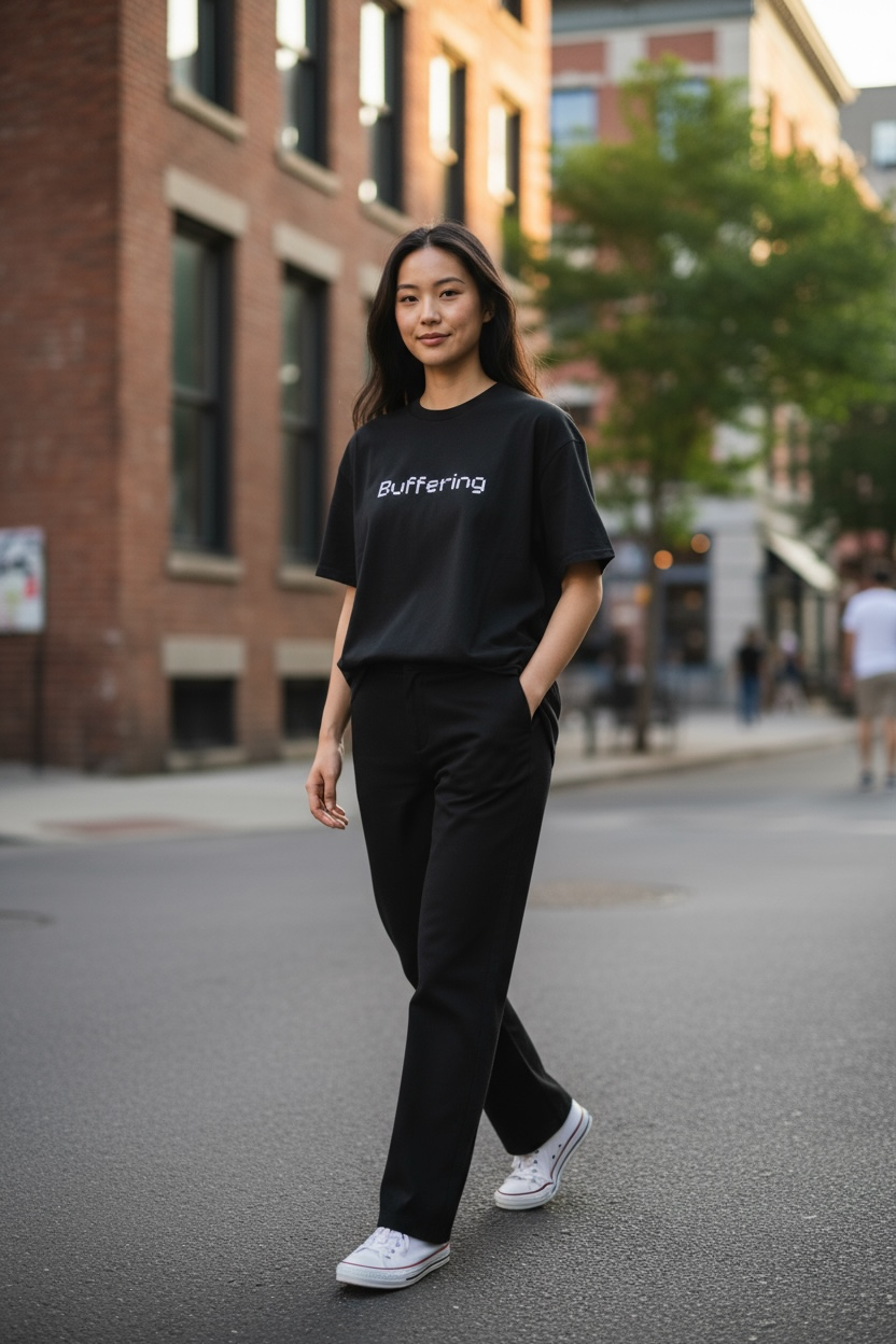 A woman with long dark hair walks confidently down a city street, wearing the Try My Closet Buffering Black Graphic Tee, paired with black pants and white sneakers. Brick buildings and trees line the background.