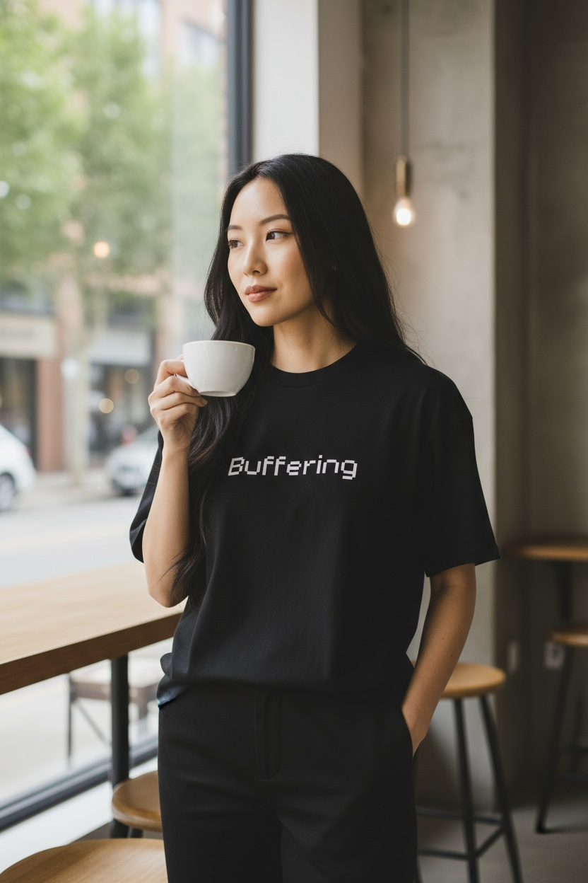 A woman with long dark hair stands by a café window, holding a white coffee cup. She wears the Buffering Black Graphic Tee by Try My Closet—a tech-inspired shirt—as she looks thoughtfully outside.