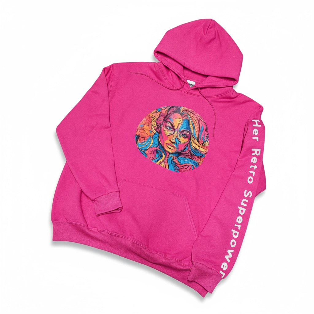 The Try My Closet Her Retro Superpower Pink Oversized Hoodie features a colorful woman’s face on the front, "Her Retro Superpower" text along one sleeve, a cozy hood, and a front pocket for comfort and style.