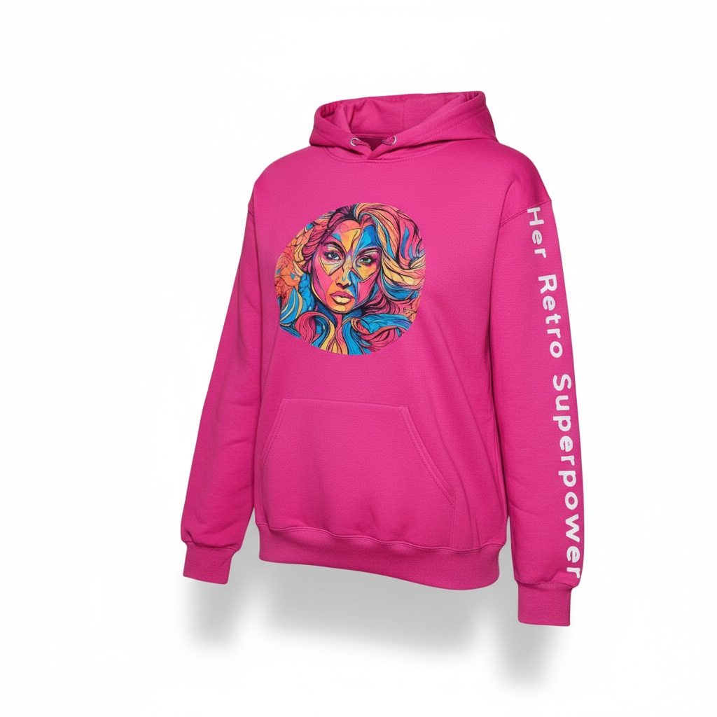 Stand out in the Try My Closet Her Retro Superpower Pink Oversized Hoodie, featuring a bold illustration of a woman's face and “Her Retro Superpower” printed down the sleeve—a perfect choice for confident, vibrant style.