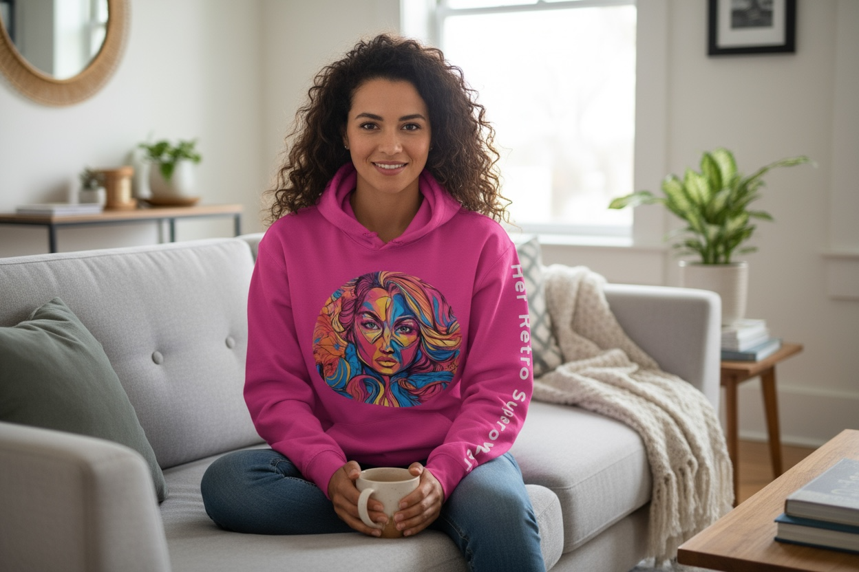A woman with curly hair relaxes on a sofa holding a mug, wearing Try My Closet's Her Retro Superpower Pink Oversized Hoodie Worded Sleeve, in a cozy living room filled with plants and décor.