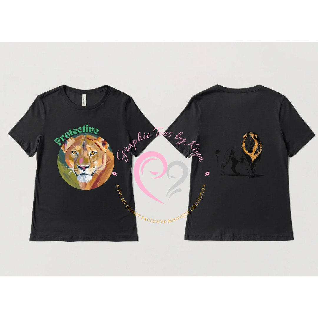 The Protective Graphic Tee by Try My Closet features a black front with a green Protective text and graphic, a gold-maned lion on the back, and pink logo watermarks. Custom orders for unique styles are available.