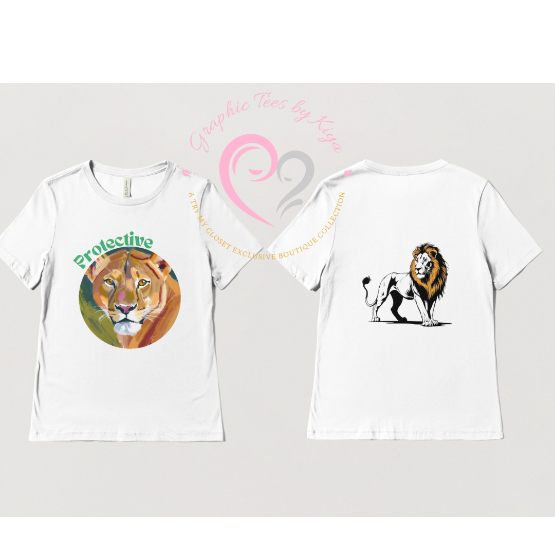The Try My Closet Protective Graphic Tee showcases a vibrant lioness face with Protective on the front and a black-and-white standing lion on the back. Custom orders available.