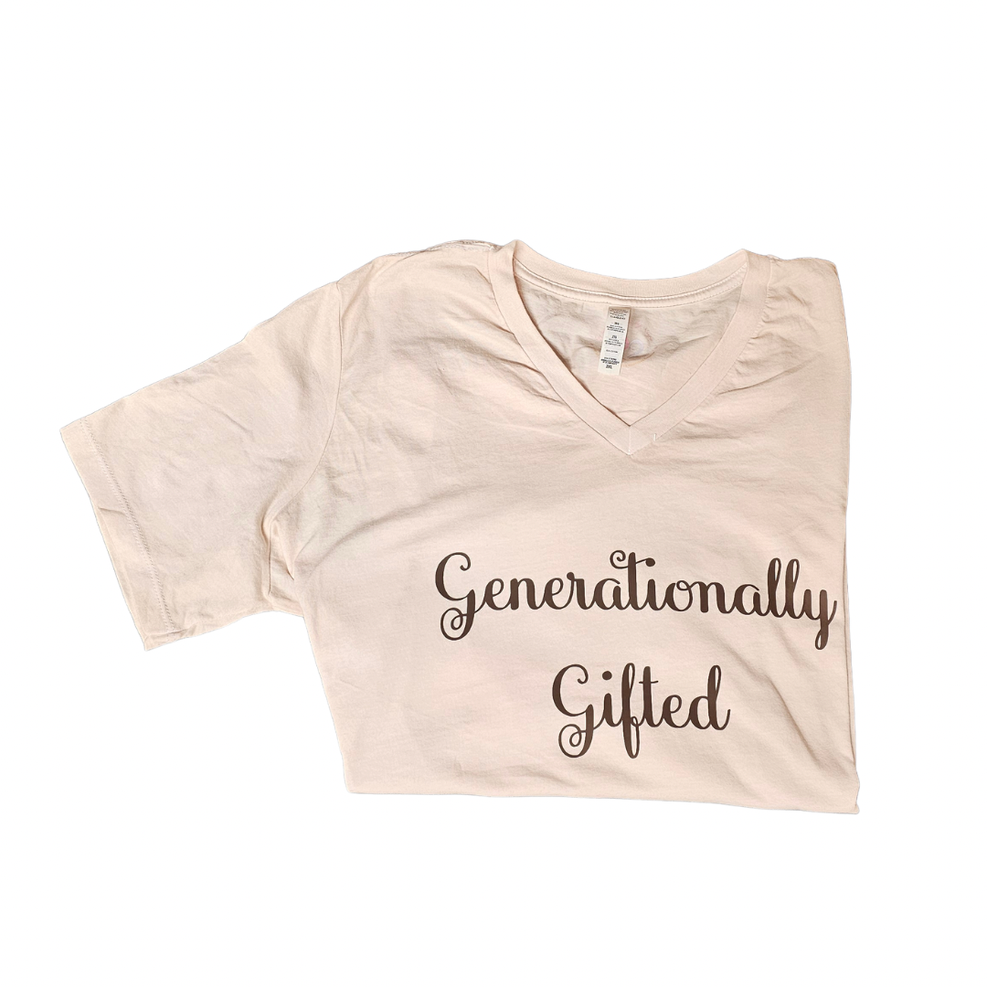 The Generationally Gifted Hand Dyed Beige Graphic Tee by Try My Closet features brown cursive lettering on the front. Each tee is uniquely hand dyed and shown flat on a white background. Custom orders are available.