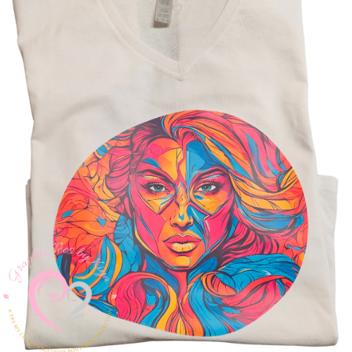 The Try My Closet Custom Orders white V-neck T-shirt displays a vibrant, abstract portrait of a woman within a circle—ideal for fans of exclusive or custom designs inspired by original artwork.
