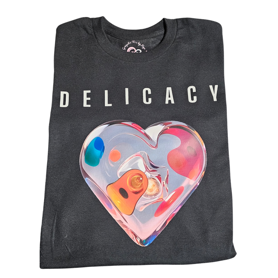 The Try My Closet Delicacy Heart Color Purple Changing Graphic Tee showcases DELICACY in bold white above a vibrant, heart-shaped graphic. Custom orders are welcome for this unique folded black tee.