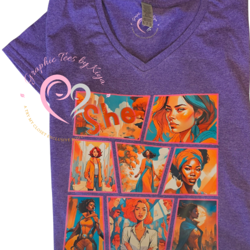 The Try My Closet She Comic Graphic Tee Limited Edition showcases a vibrant, comic-stripe design of diverse women and bold She lettering, making this purple tee the perfect statement piece for unique style lovers.