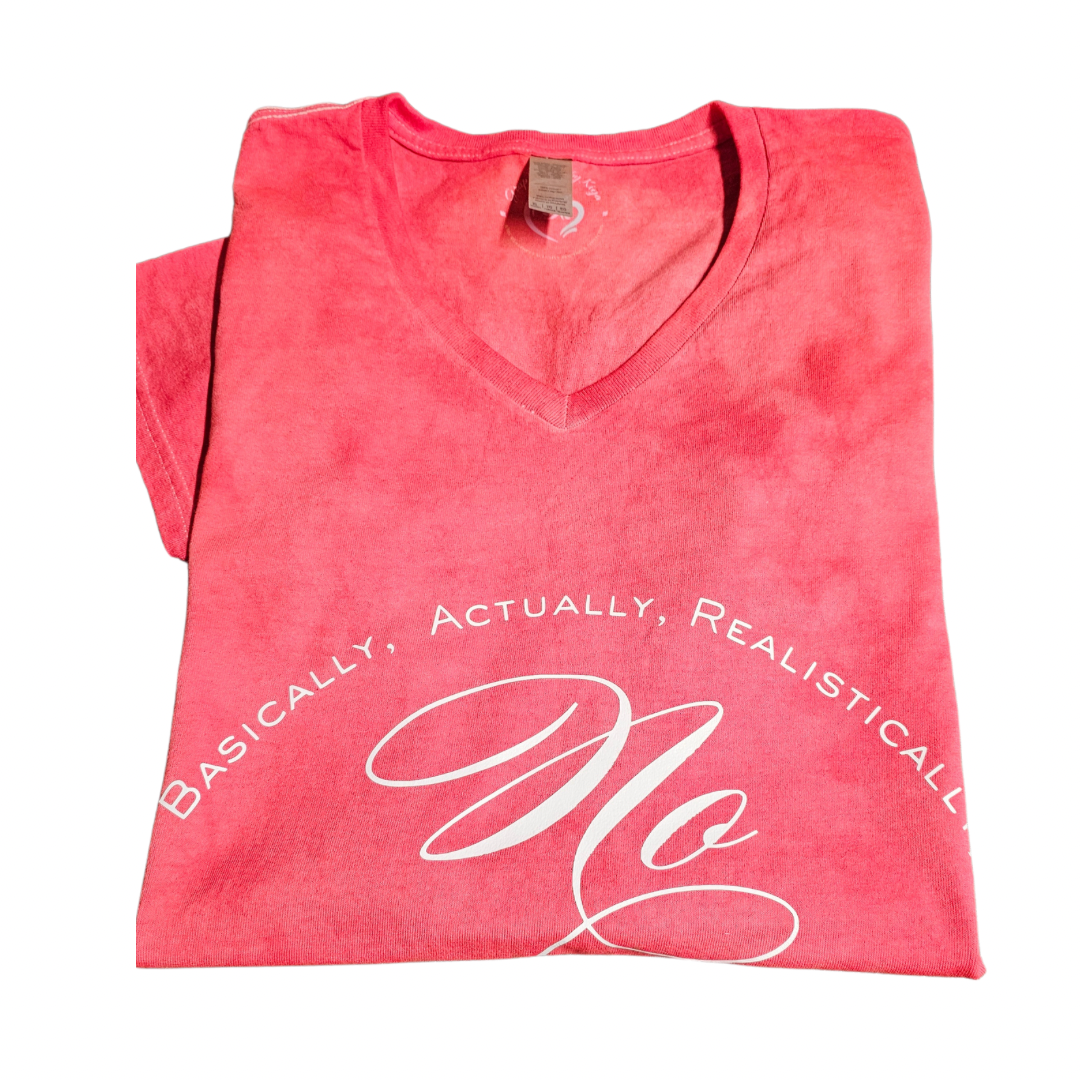 The Try My Closet Passive Boundaries Red Scrunch Hand Dyed V-Neck Graphic Tee in size XL features a luxury fit and bold white script reading “Basically, Actually, Realistically, No” across the front. Made from 100% cotton.