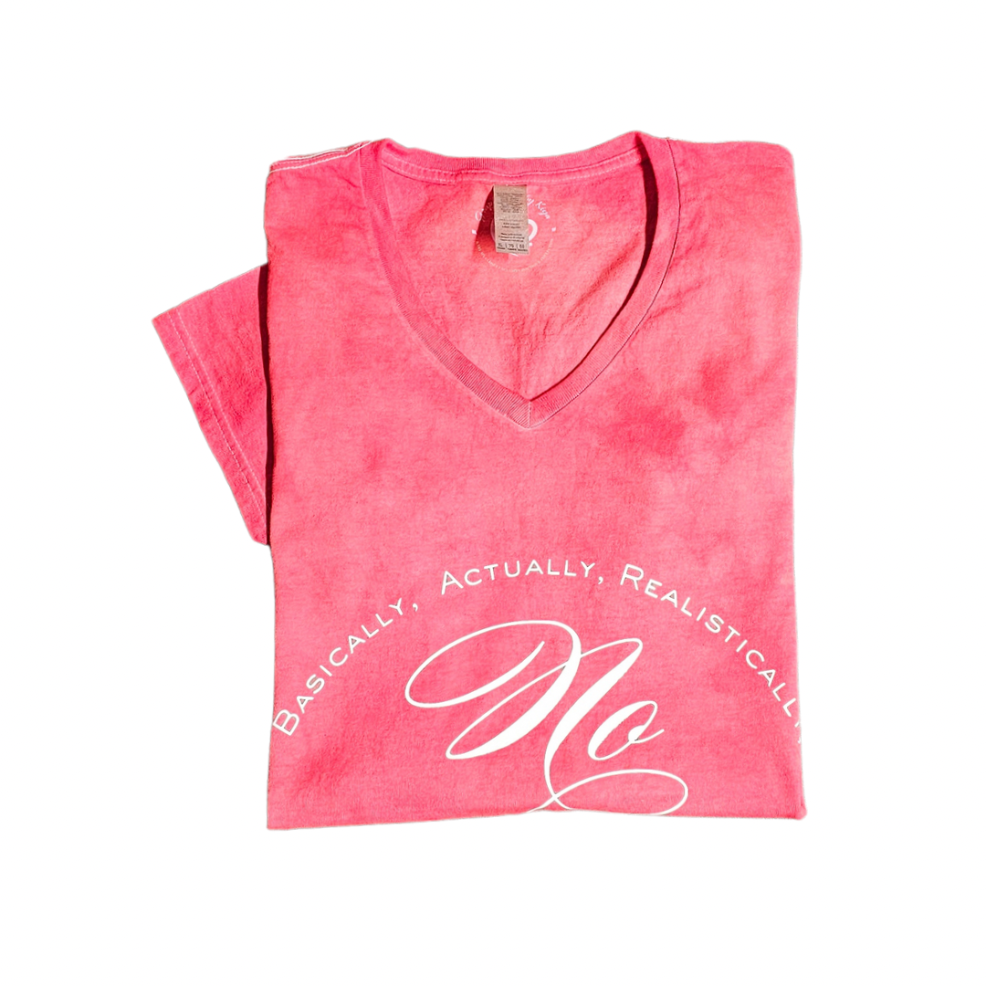 The Try My Closet Passive Boundaries Red Scrunch Hand Dyed V-Neck Graphic Tee in size XL features bold white Basically, Actually, Realistically, No text on the front and is made from 100% cotton.