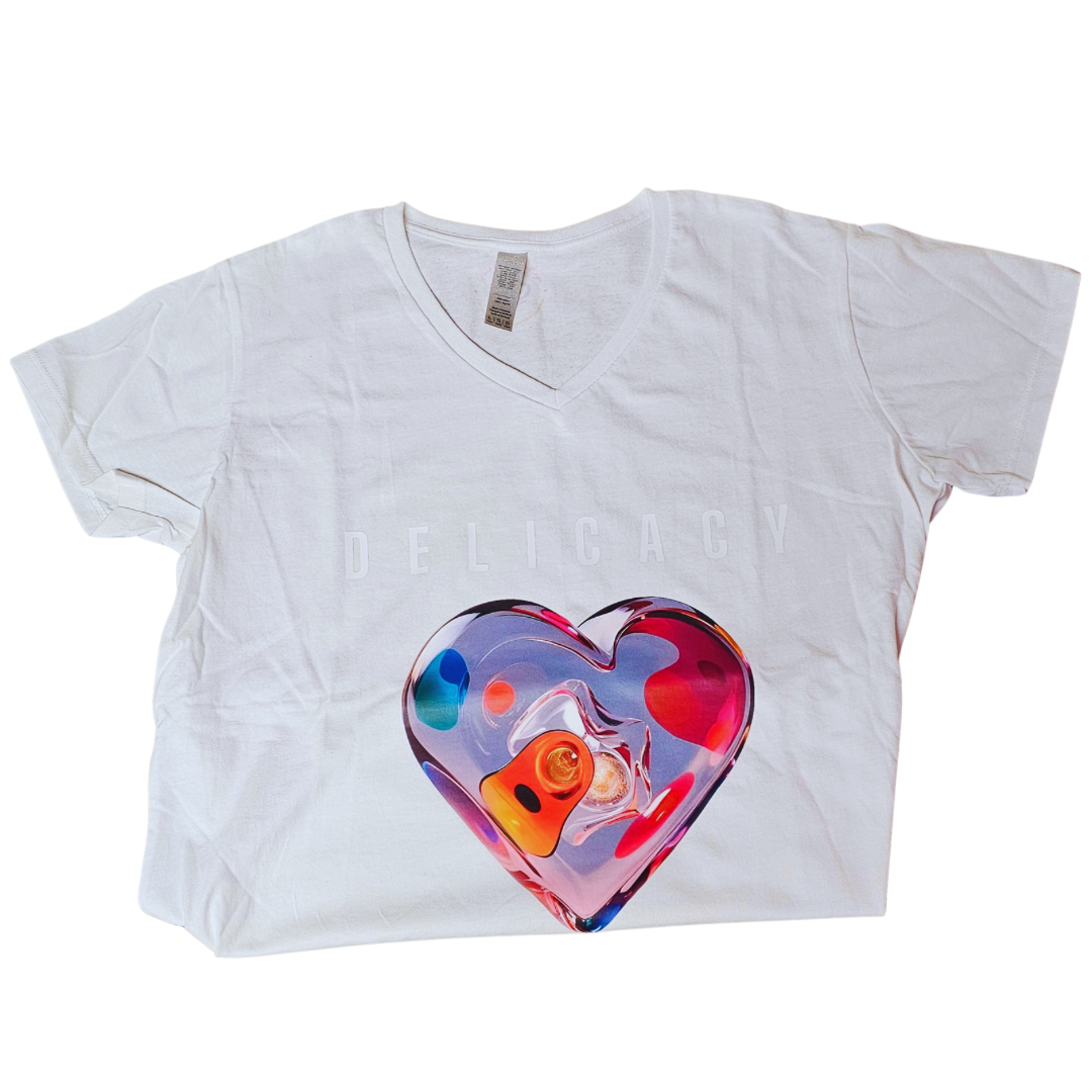 The Try My Closet Delicacy Heart Color Purple Changing Graphic Tee features DELICACY above a vivid, heart-shaped design in swirling blue, red, yellow, and orange with an artistic flair and a stylish V-neck.