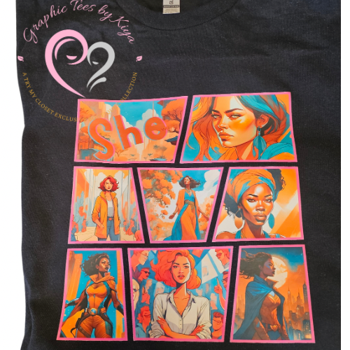 The She Comic Graphic Tee Limited Edition by Try My Closet features nine vibrant panels of confident women and bold She lettering, making it a standout addition to your wardrobe.