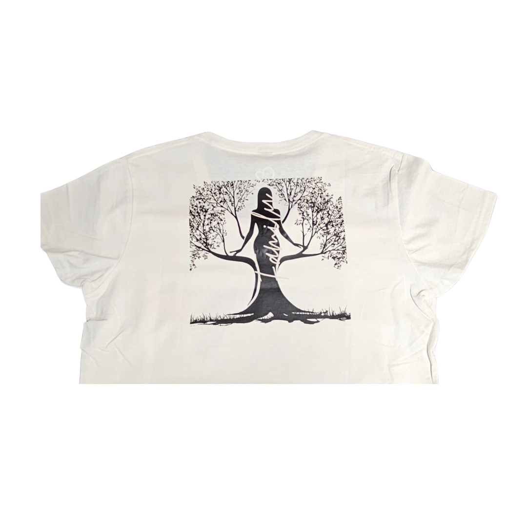 The She’s Rooted in Family Graphic Tee by Try My Closet features a black silhouette of a woman blending into a tree, printed on the center back. Custom orders available.