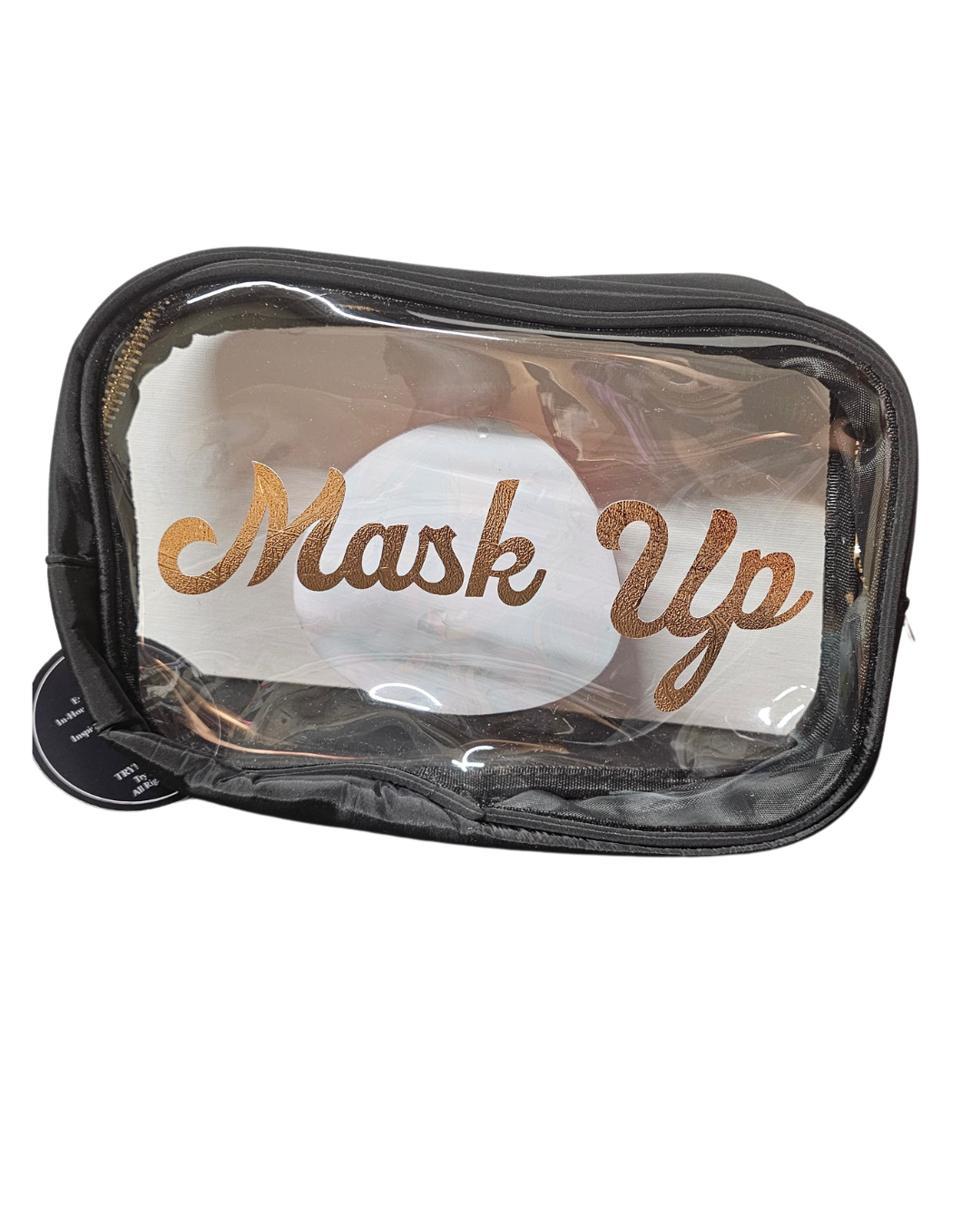 The Her Retro Superpower Mask Up Cosmetic Pouch by Try My Closet features black trim, a clear zippered design, and a gold Mask Up sign inside. A partially visible round white item is included, shown against a plain white background.