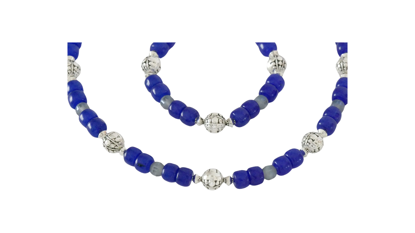 Blue Jade Silver Etched Glass Combo Bracelet Necklace Set