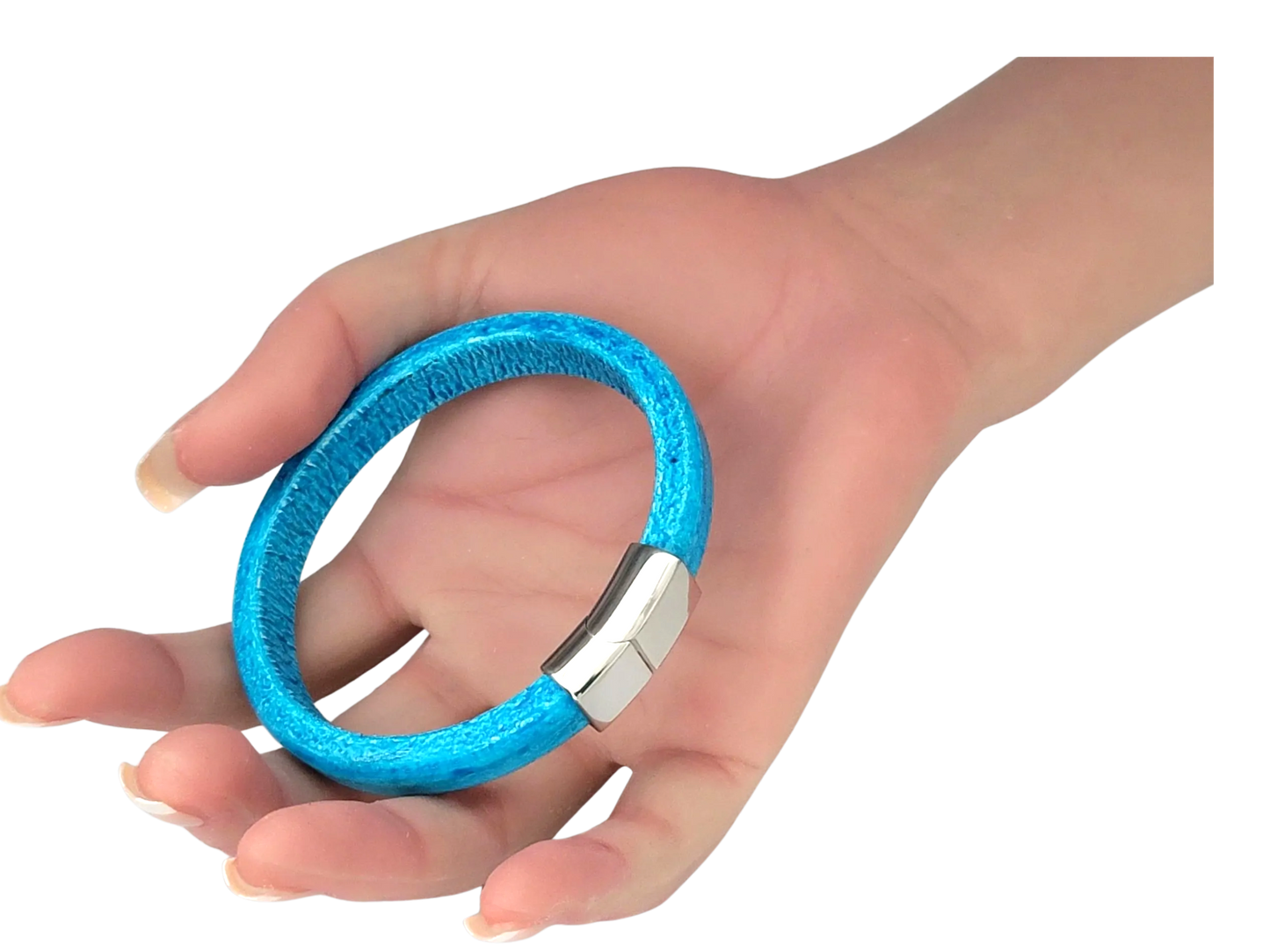 Blue Turquoise Wide-Band Distressed Leather Stainless Steel Bracelet