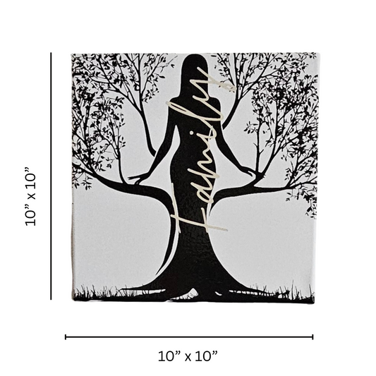 The Rooted Family Canvas 10x10 by Try My Closet features a black silhouette of a woman with tree branches and roots, and “Family” scripted diagonally—eye-catching wall art to elevate your home décor.